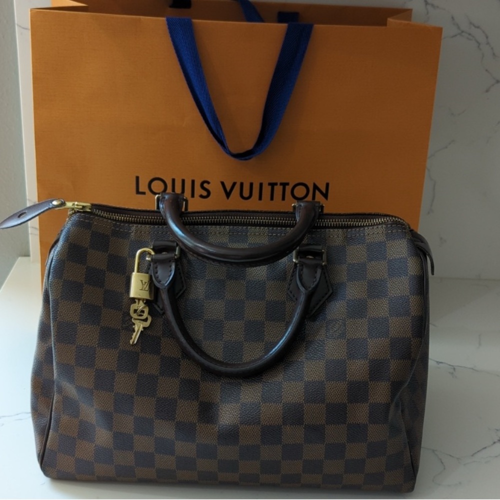 Louis Vuitton Damier Ebene Satchel with Gold Accents